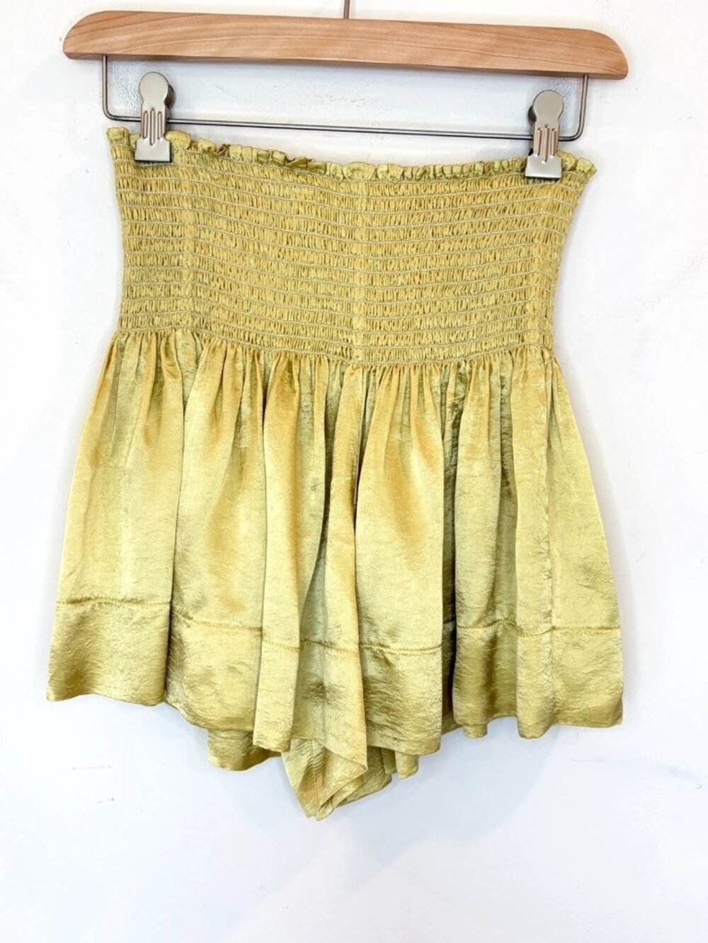 KOCH Erica Gold Skirt Sz XS Mini Skort Satin Shirred Waist Made in USA Coquette